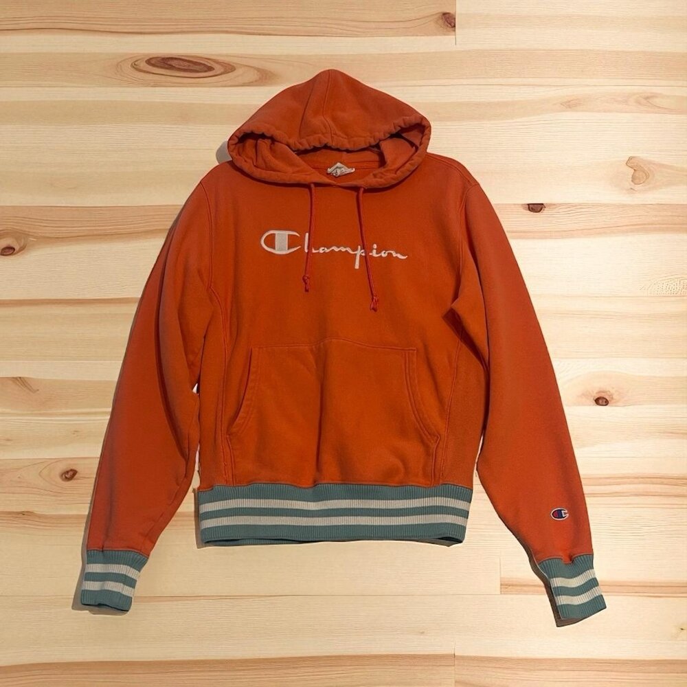 Champion Reverse Weave Hoodie Orange With Blue/green Stripes Size Small Heavy